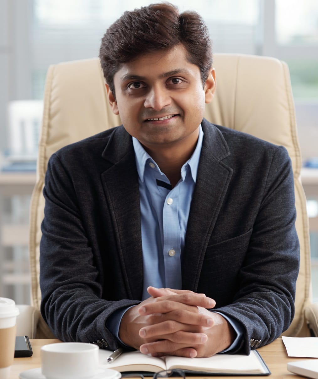 Confident smiling CEO of company sitting at his office table