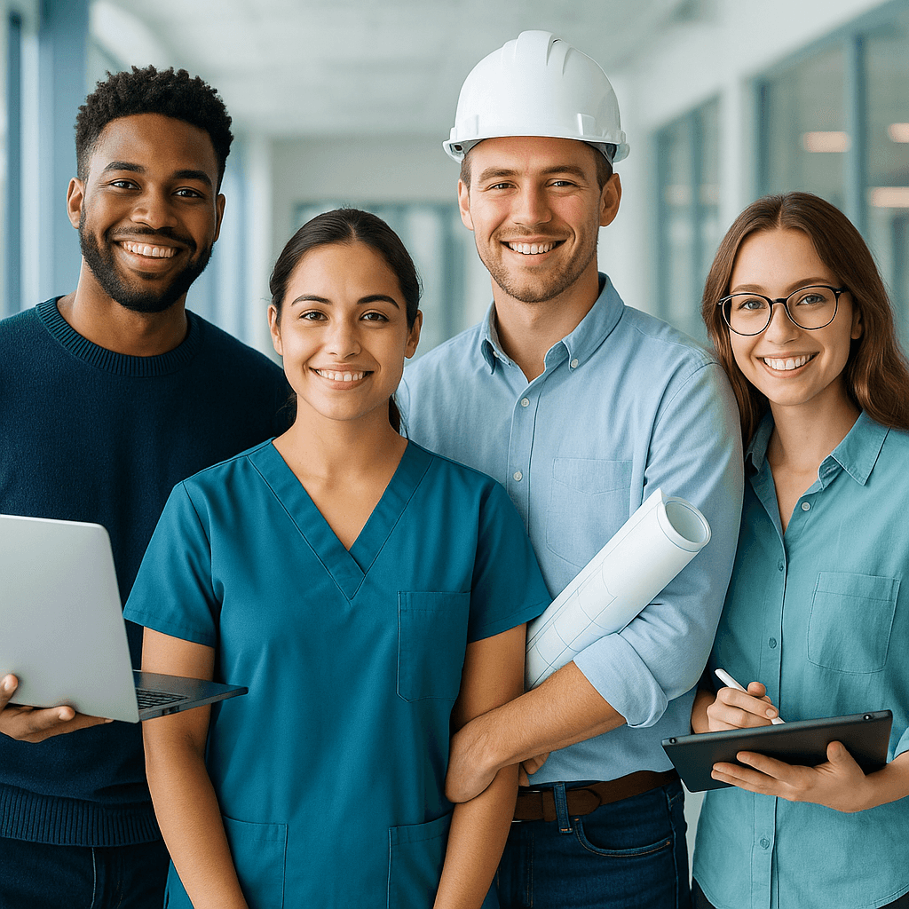 Confident young professionals from diverse vocational fields showing that vocational training is a smart first-choice career path.