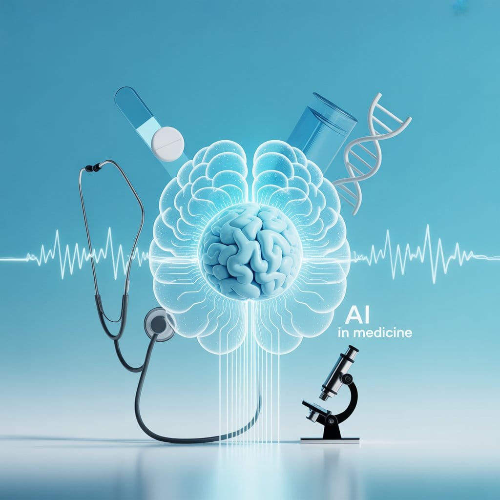 AI in healthcare concept illustration showing artificial intelligence transforming diagnosis and drug discovery