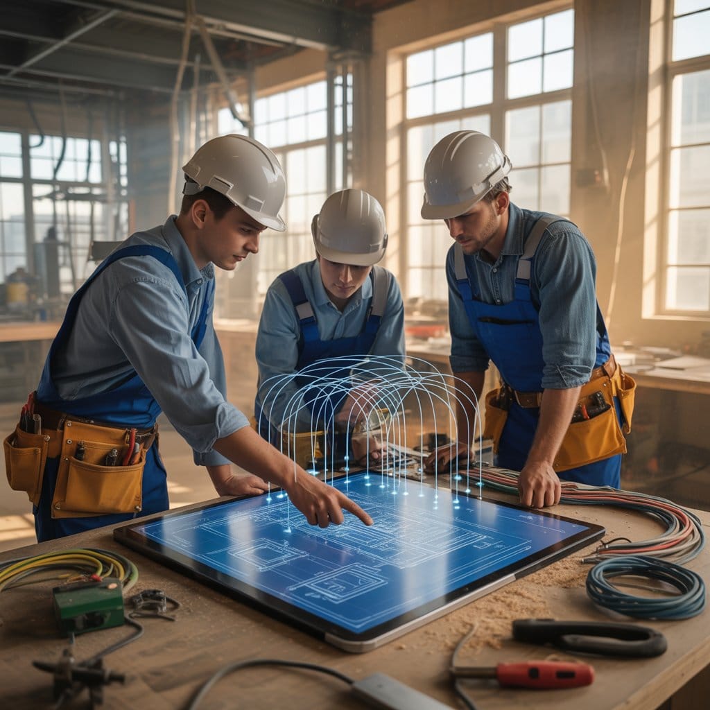 Electricians and welders using generative AI tools to review digital blueprints.