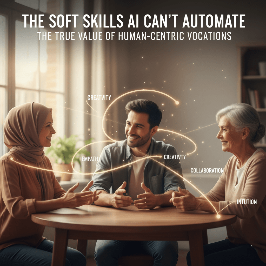 Human professional demonstrating soft skills AI can't automate in a collaborative work environment.