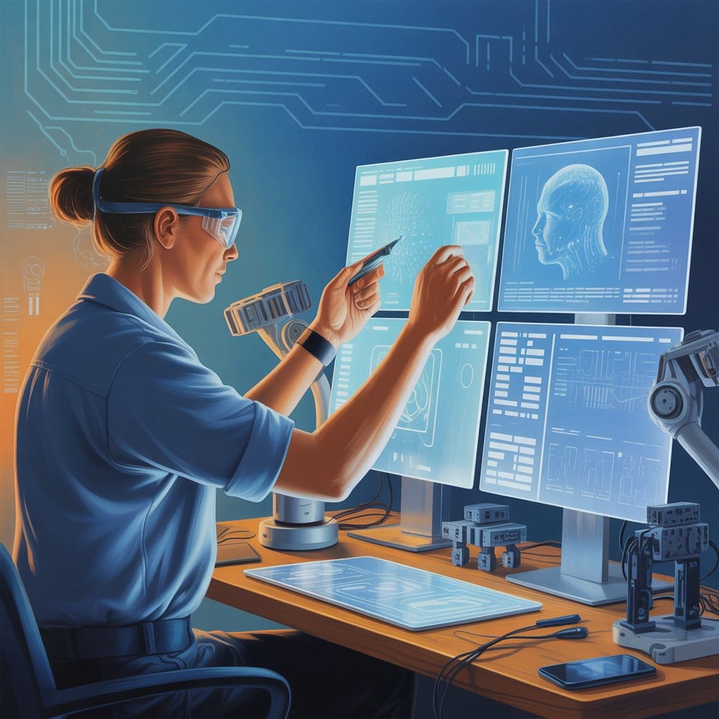 Technician-annotator reviewing AI-generated annotations in a modern industrial workshop.