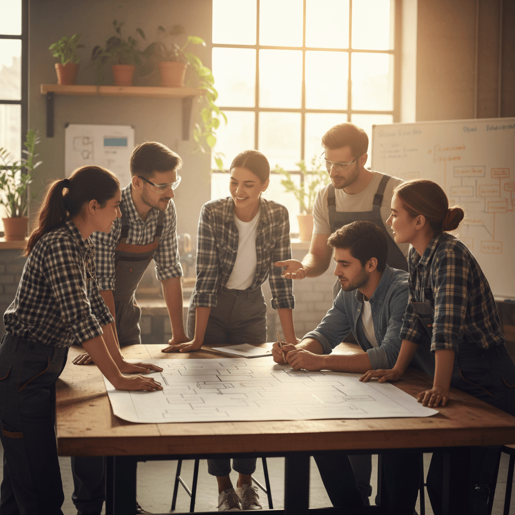 Vocational trainees developing soft skills such as teamwork, communication, and problem-solving in a training environment.