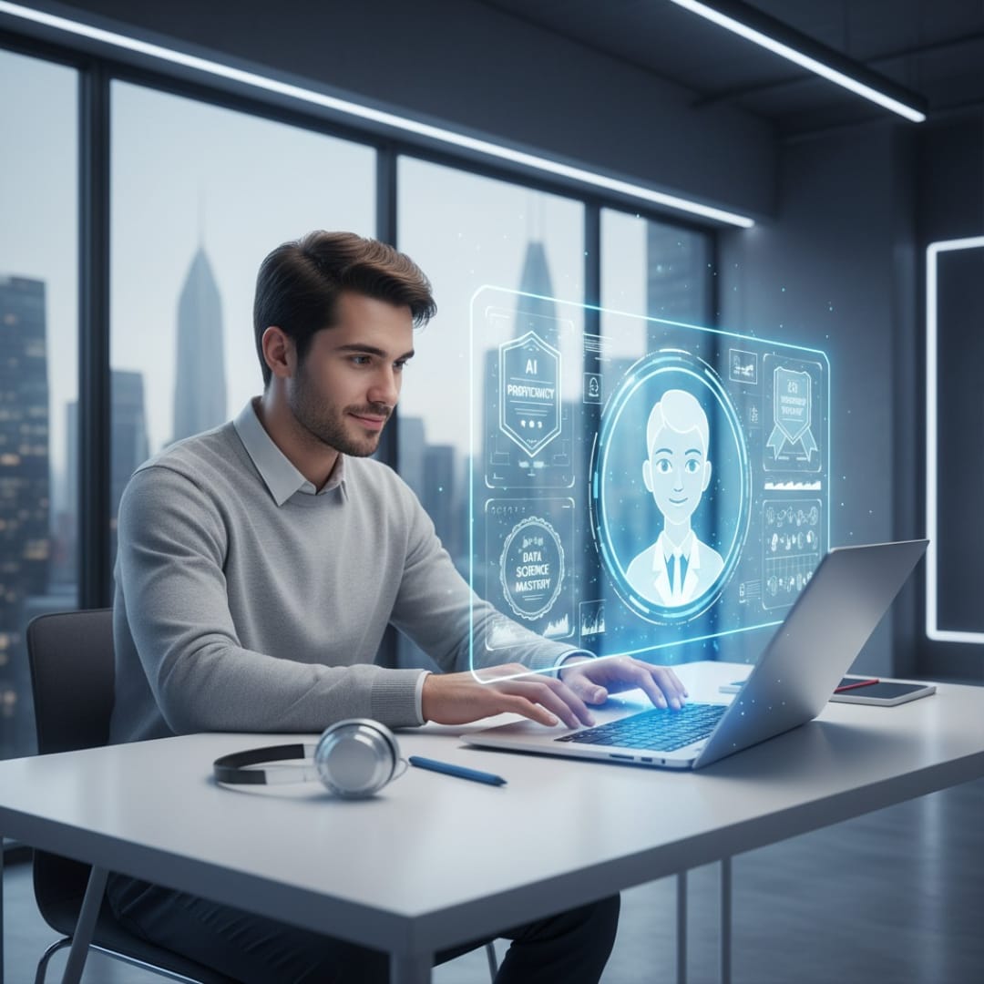 Learner interacting with an AI-powered virtual tutor providing personalized learning and certification guidance.