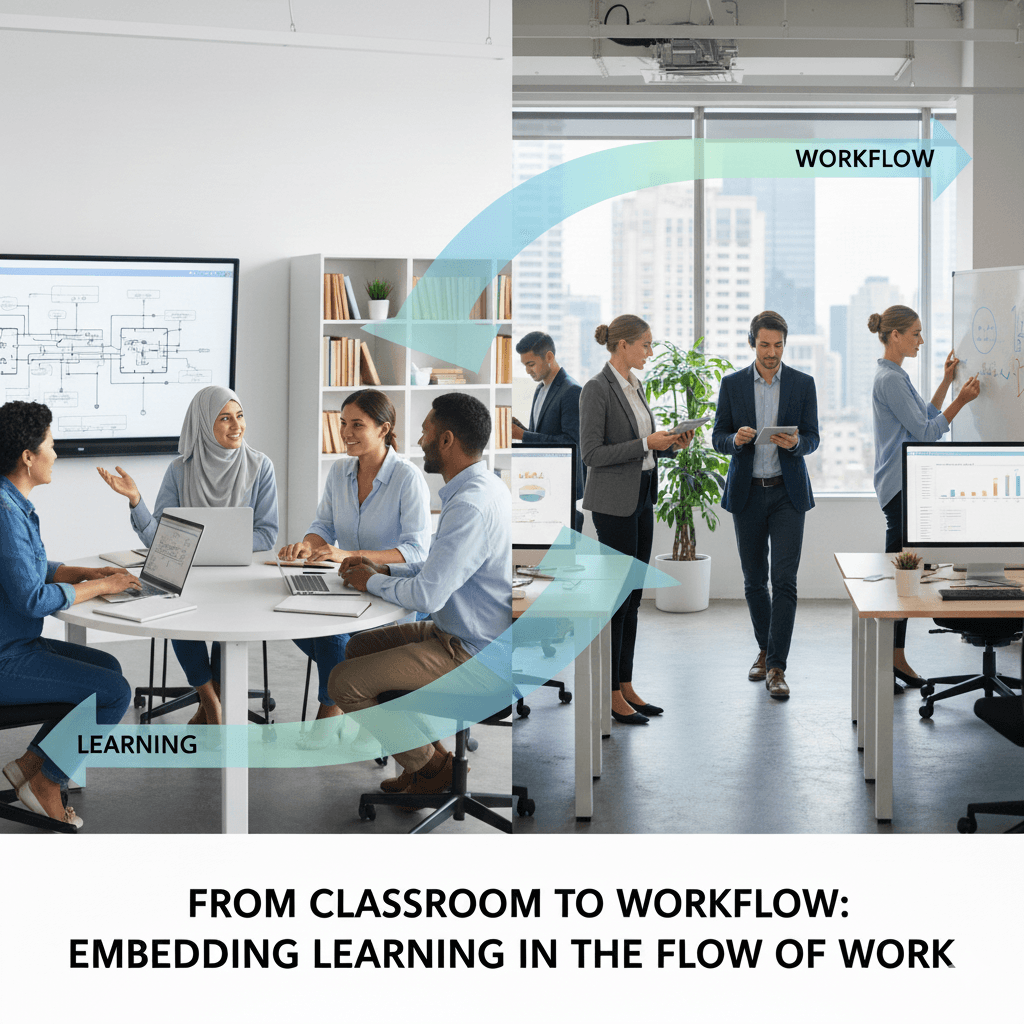 Employees learning through digital tools integrated into their daily workflow in a modern office environment.