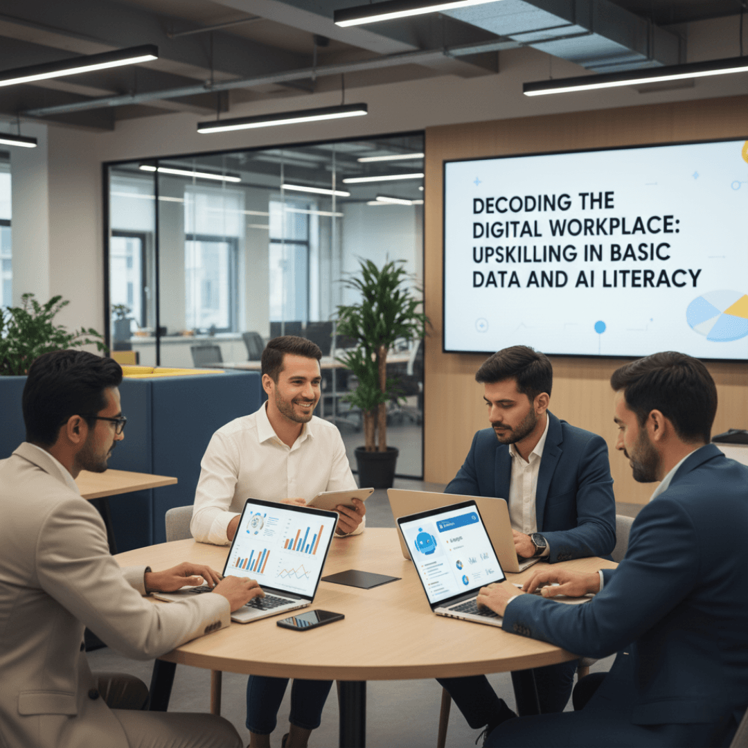 Professionals using data dashboards and AI tools in the digital workplace to build data and AI literacy.