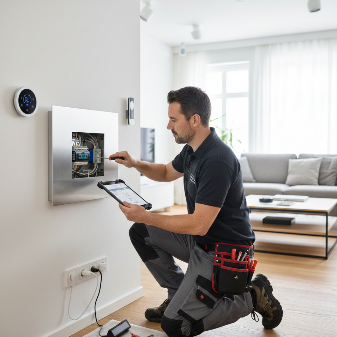 Smart home electrician installing and diagnosing modern home automation systems