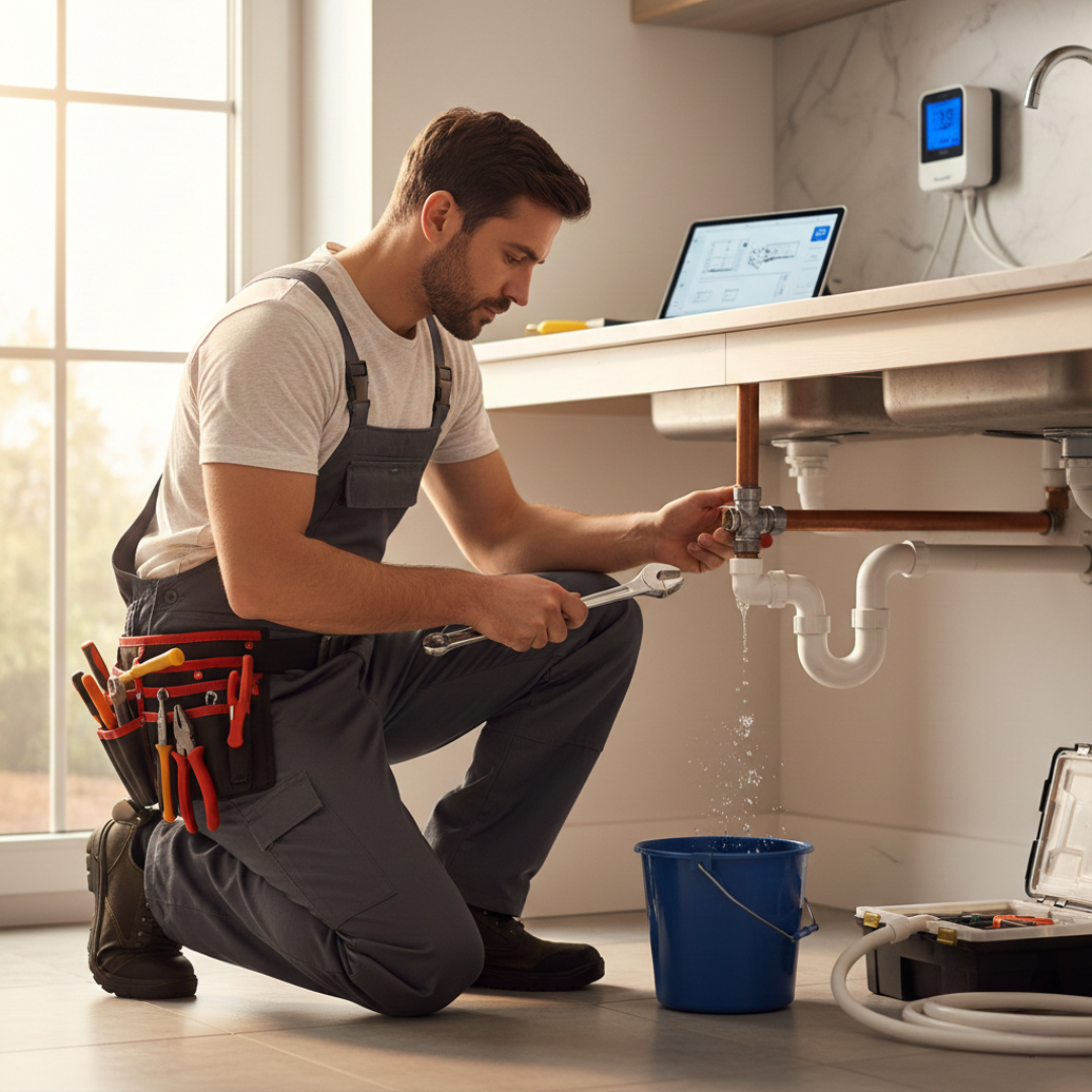 Human skilled trades professional fixing a leaky pipe, showing why hands-on jobs remain essential despite AI advancements