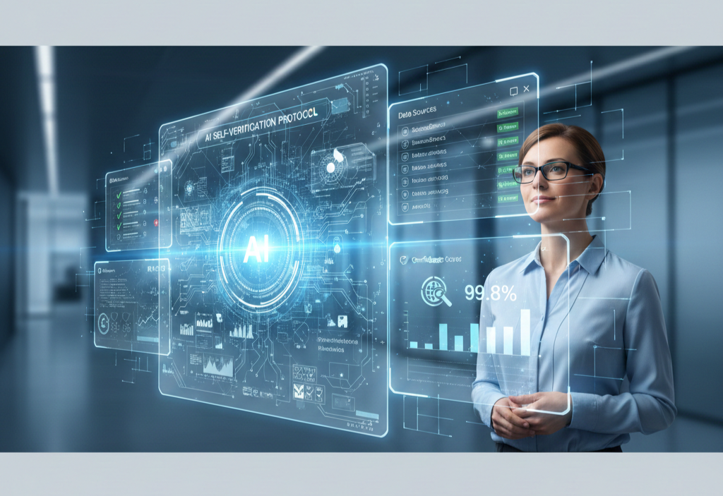 Self-verifying artificial intelligence system checking and validating information to reduce AI hallucinations.