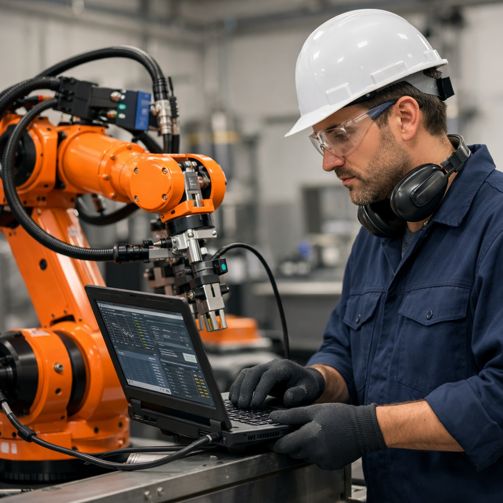 Skilled technician repairing an automated industrial machine, highlighting the human role behind modern workplace technology
