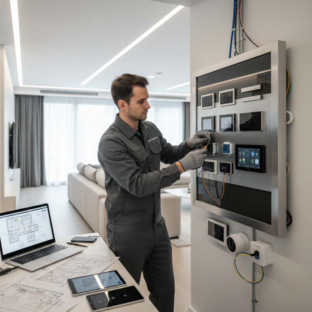 Electrician installing smart home technology and connected systems