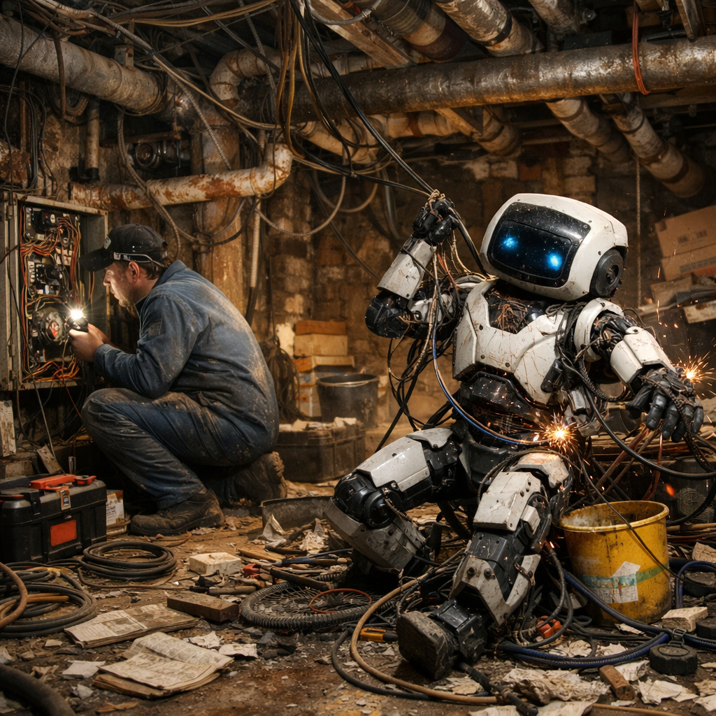 Skilled electrician working in a messy basement where AI automation struggles