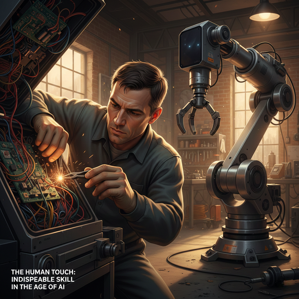 Skilled technician using hands to work with complex wiring while a robotic arm remains inactive, highlighting human skill over automation in hands-on technical work.