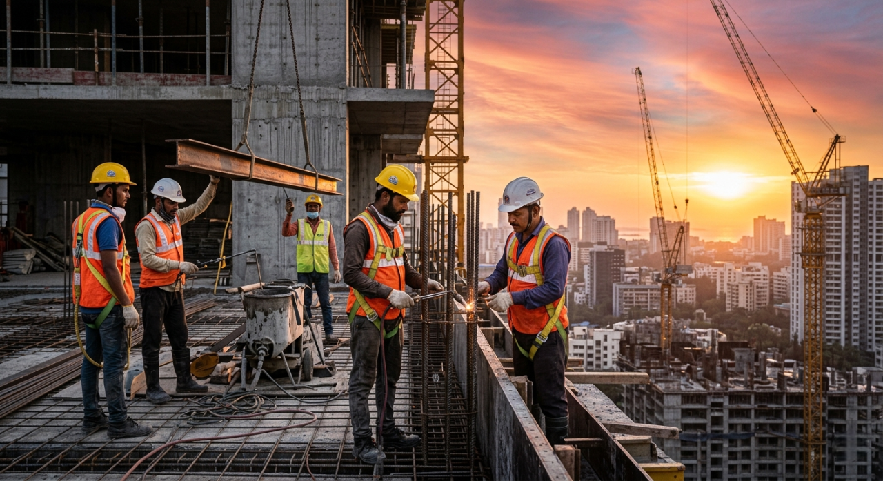 Construction workers building a modern structure representing career growth and vocational skills