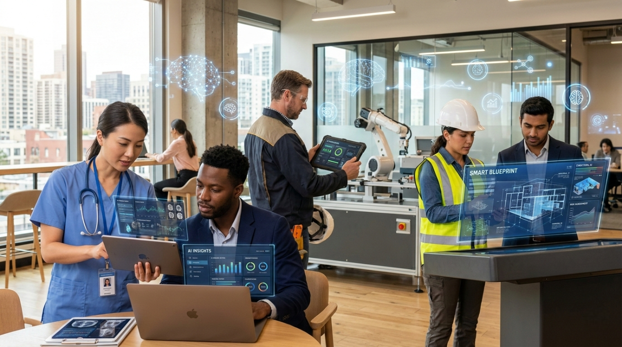 Professionals using artificial intelligence tools across different industries in the modern workplace