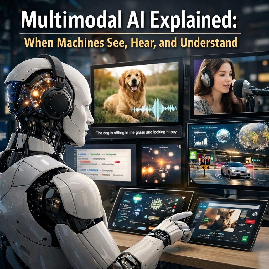 Multimodal AI system processing images, audio, and text simultaneously to demonstrate how machines can see, hear, and understand.