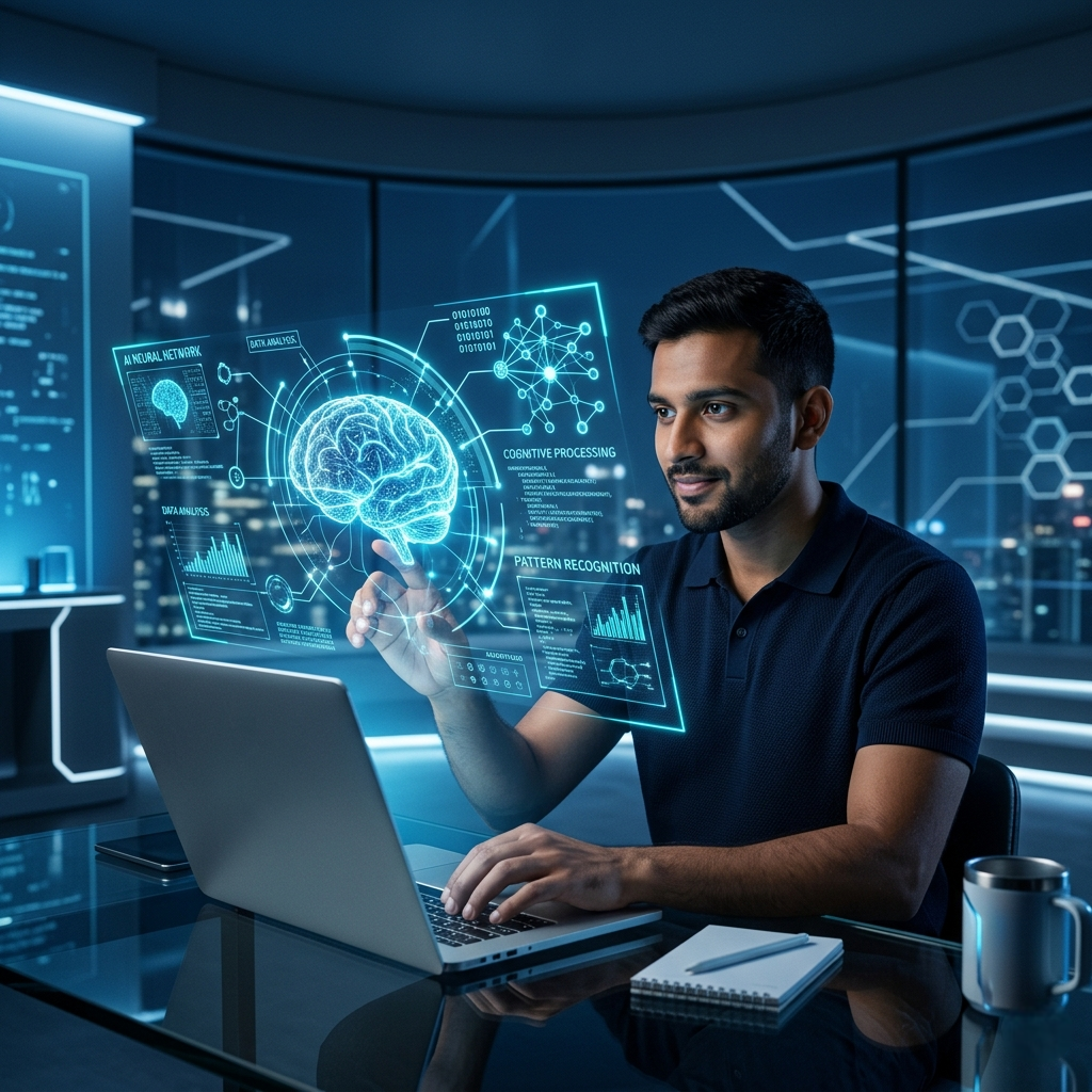 Professional using AI tools on a computer representing future workplace skills