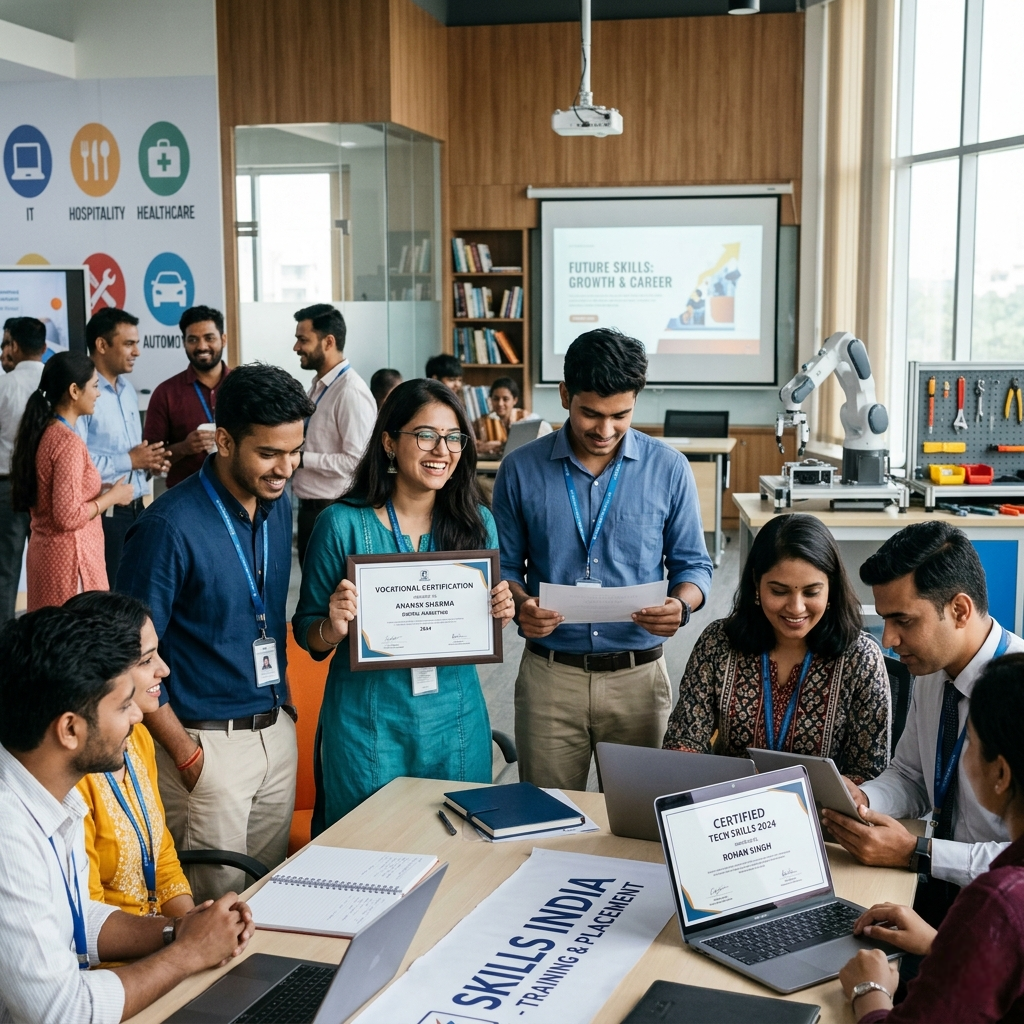 Students and professionals reviewing vocational certifications in a training environment, highlighting the growth of skill-based credentials