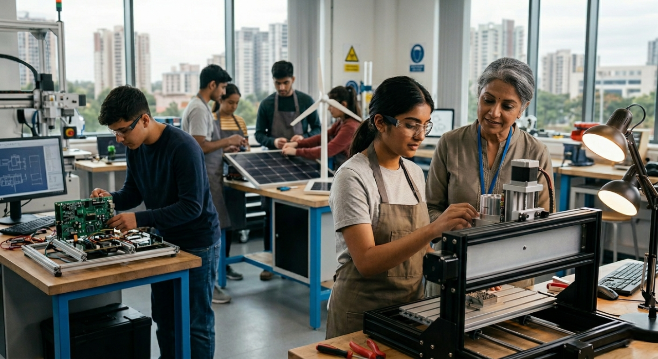 Students learning practical skills in a vocational training workshop preparing for future jobs