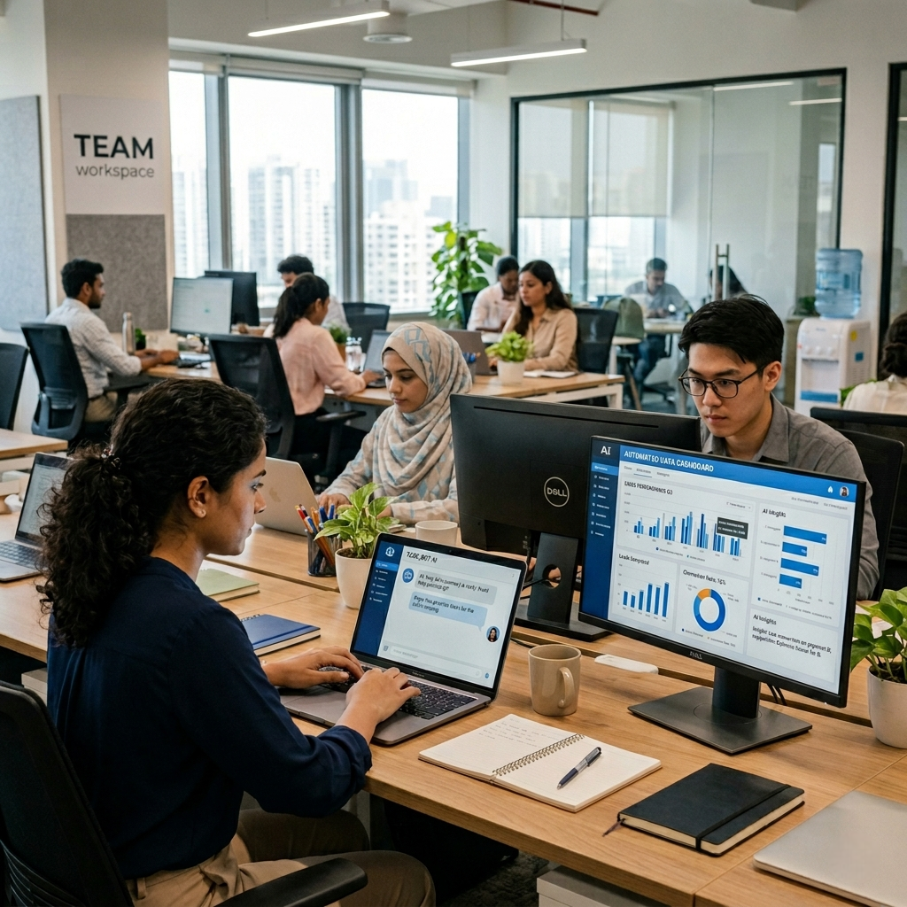 Professionals using AI tools like chat assistants and dashboards in a modern office environment for everyday business tasks Professionals using AI tools like chat assistants and dashboards in a modern office environment for everyday business tasks