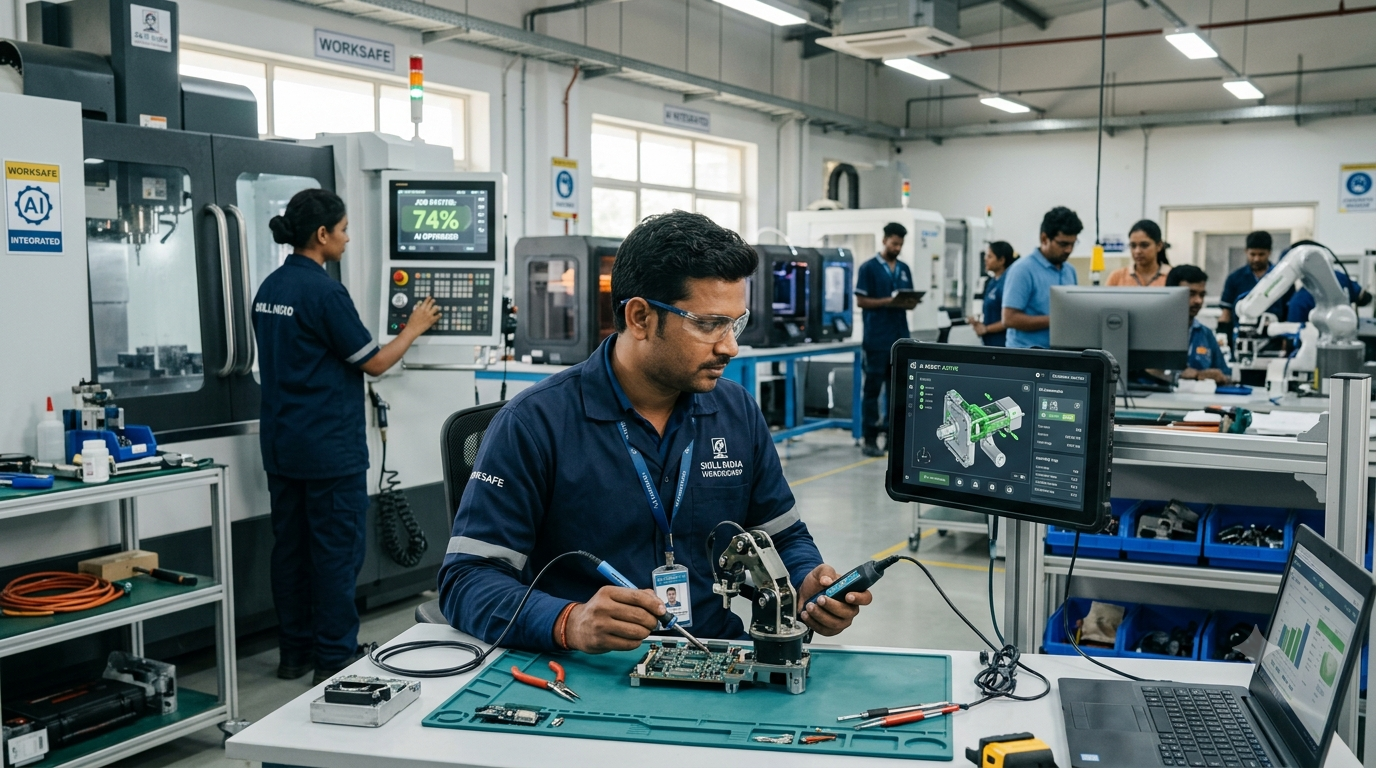 Skilled vocational worker using AI-assisted technology in a modern workplace