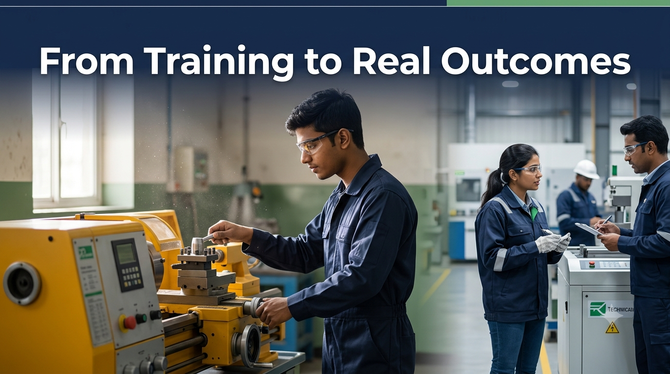 Indian trainee developing practical skills in a vocational training workshop to prepare for industry employment.