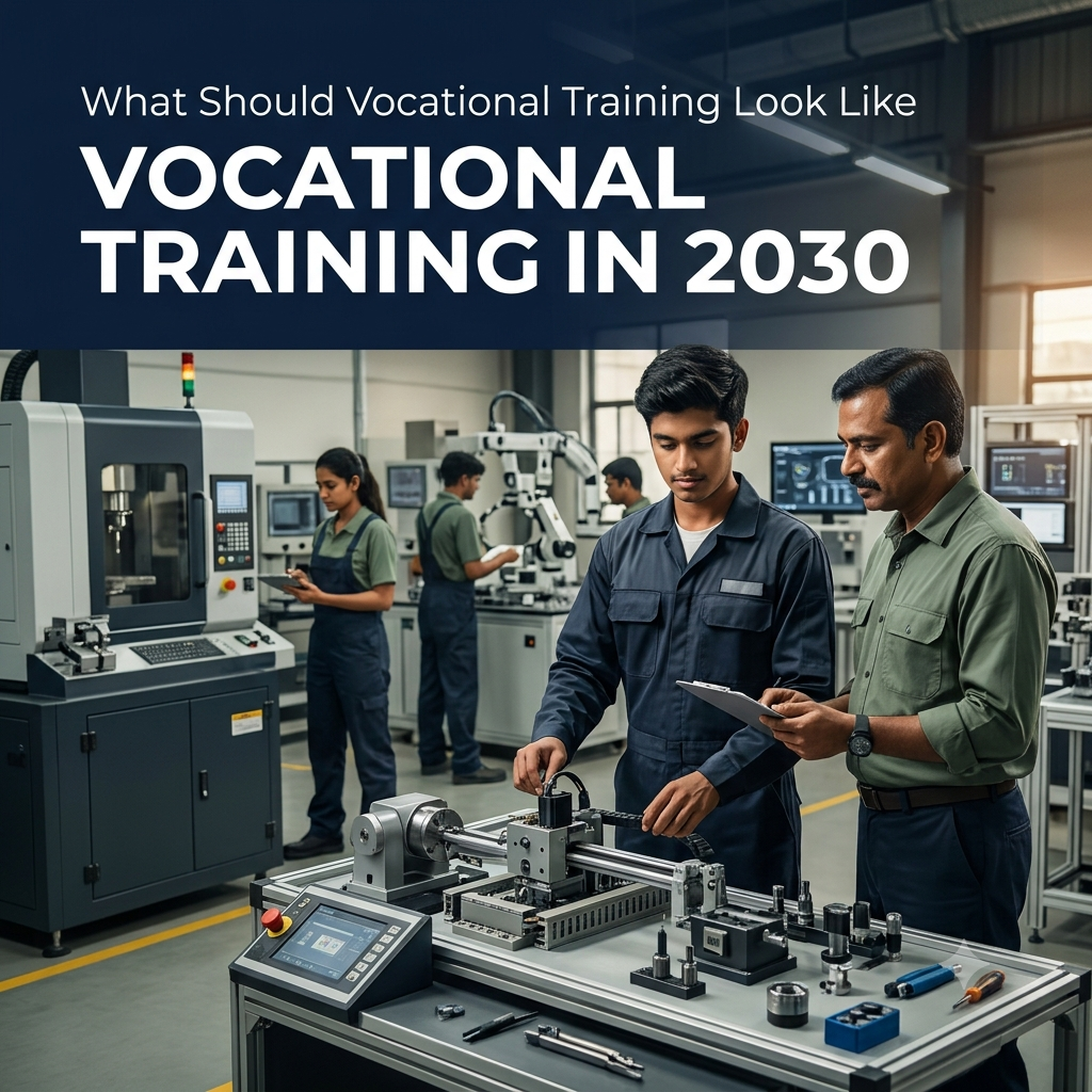 Young Indian trainee learning industrial automation and digital skills in a modern vocational training workshop, representing vocational training in 2030.